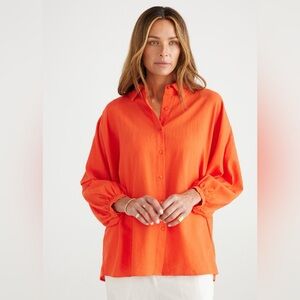 Brave + True Monty Oversized Orange Button Front Linen Blend Shirt size S/M